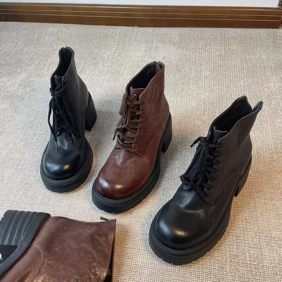 34-40码 马皮系带后拉链圆头粗跟厚底马丁靴增高不累脚