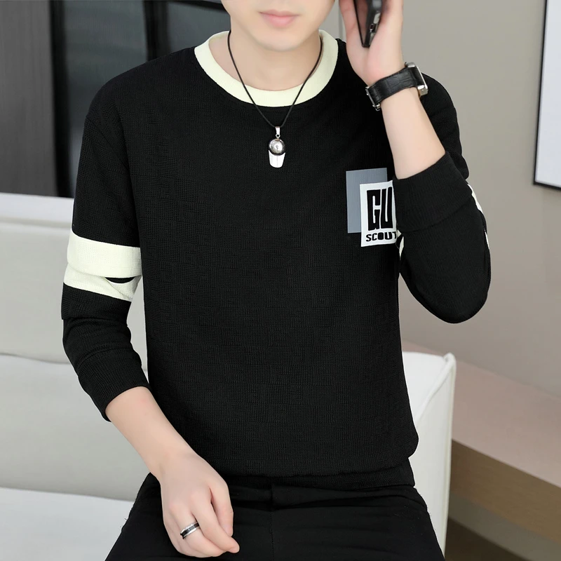 2025春秋新款提花卫衣男休闲个性潮牌简约长袖T恤男百搭打底小衫