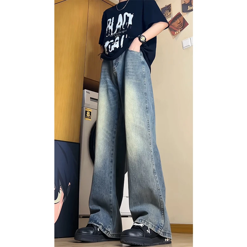 美式复古蓝工装牛仔裤男款cleanfit高个子加长裤子高腰直筒阔腿裤