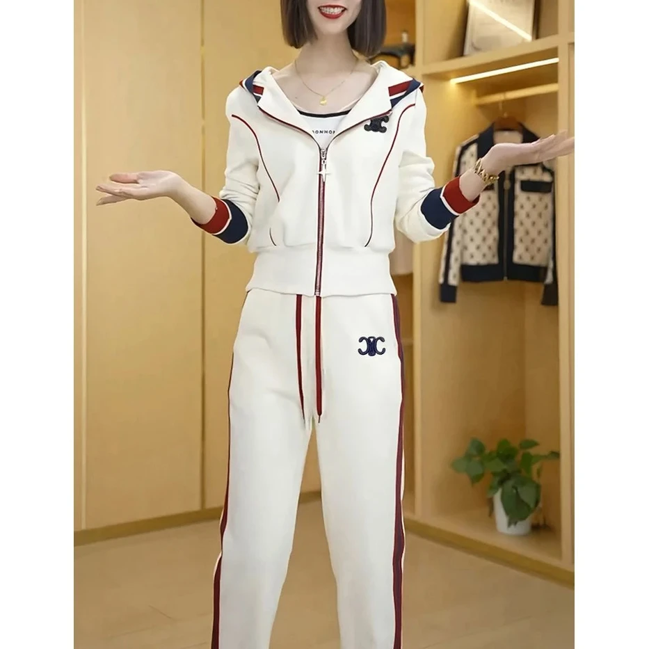 2025秋冬撞色连帽拉链开衫阔腿裤气质两件套女休闲时尚减龄套装