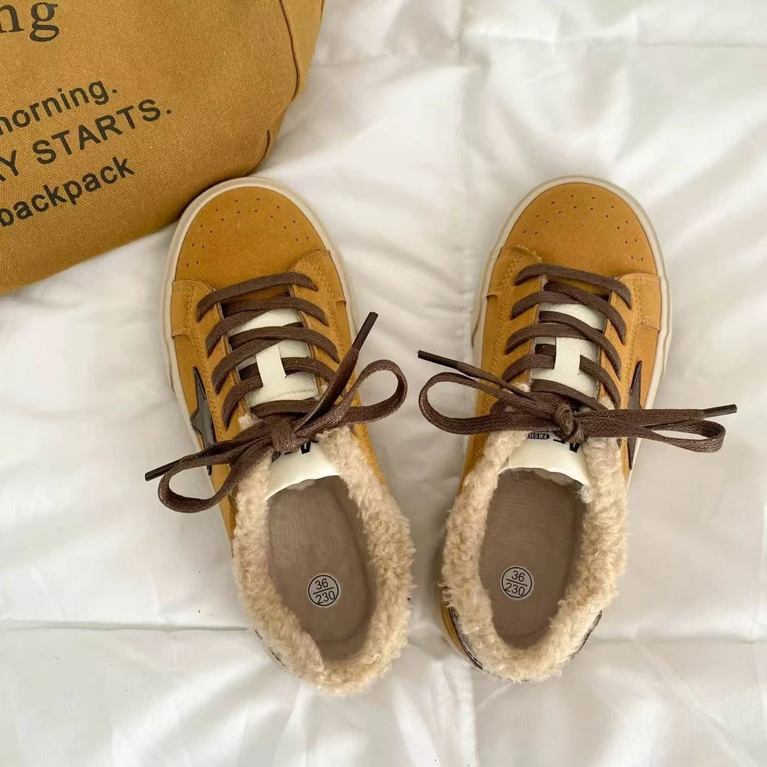 6603黄色羊羔绒星星厚底棉鞋女保暖复古百搭圆头冬季加绒板鞋潮