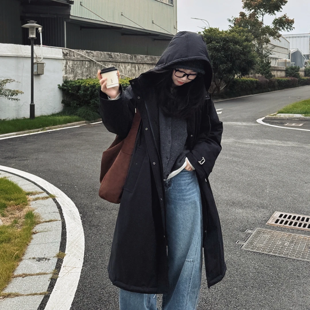 【私服布莱克】冬季连帽简约气质保暖宽松长款羽绒服-L25421316
