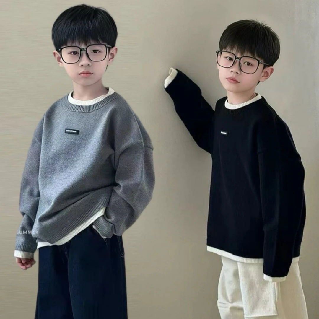 2025秋冬新款中大童假两件圆领套头男童洋气儿童上衣男女同款