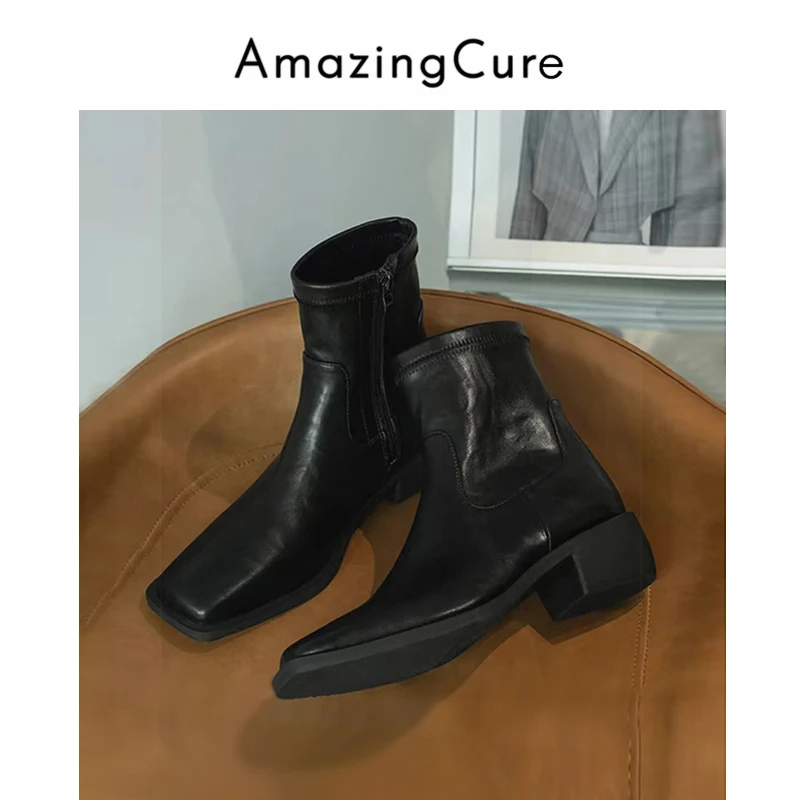 【里外全皮】靴子女2024新款黑色皮面小方头中跟粗跟短靴法式瘦瘦靴