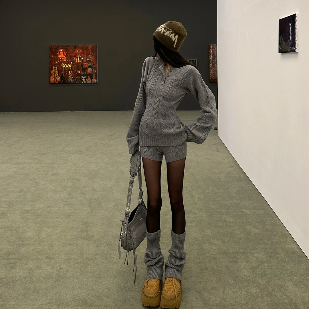 韩好甜WARDEN EDGE 灰色套头麻花毛衣女冬修身显瘦亨利领针织上衣