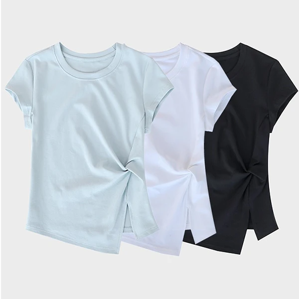 不规则短袖T恤女气质抽褶下摆开叉修身显瘦遮肉洋气衣服女装上衣