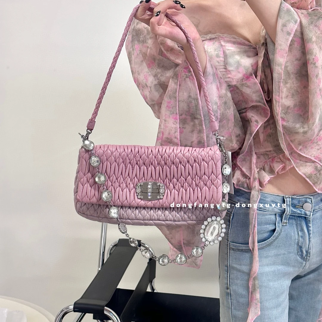95新 MIU MIU/缪缪 miumiu褶皱拼色粉法棍单肩包(K)