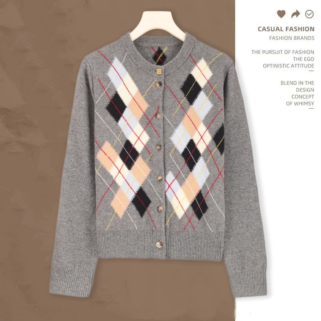 【美式学院风】100山羊绒圆领针织纽扣菱形格开衫 ZZ8005