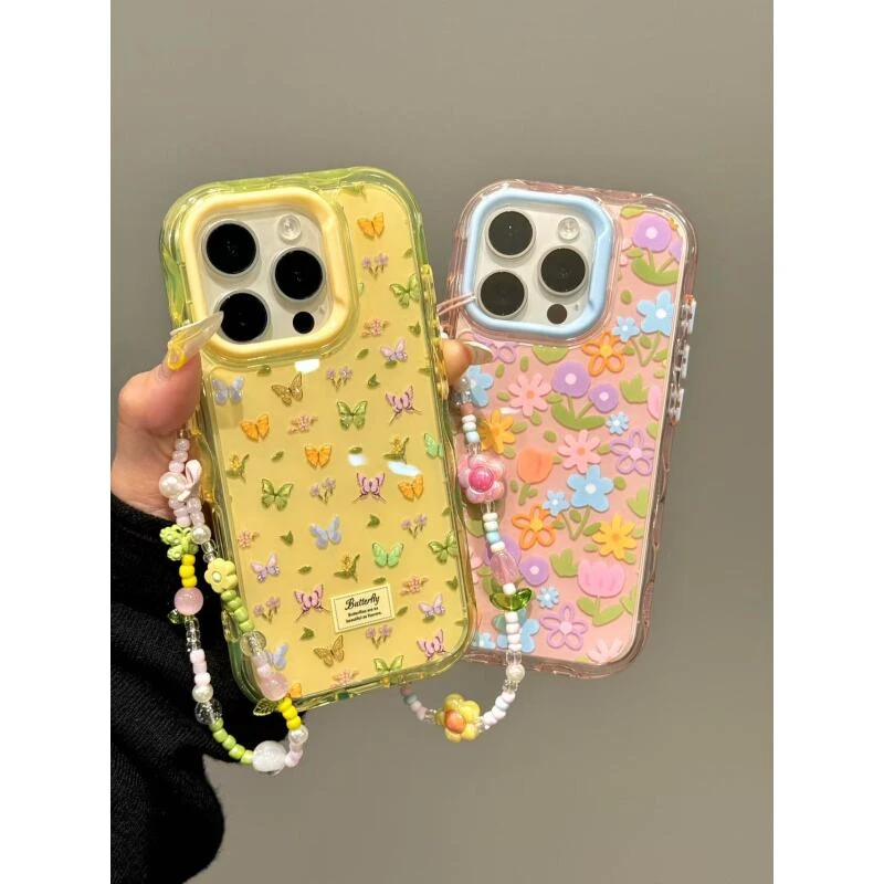 粉黄底彩色蝴蝶花朵适用iphone16promax苹果15pro手机壳14新款13