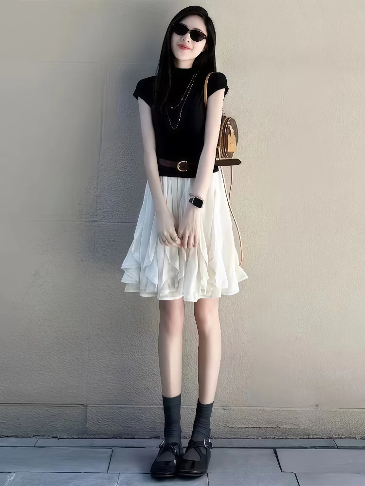 夏季时尚休闲短袖辣妹短款半高领修身T恤女高腰垂感显瘦半身裙