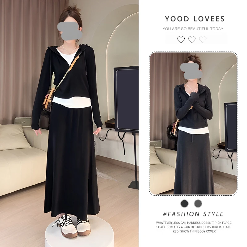 时尚休闲套装女春秋显瘦拉链假两件长袖上衣高腰半身裙气质两件套