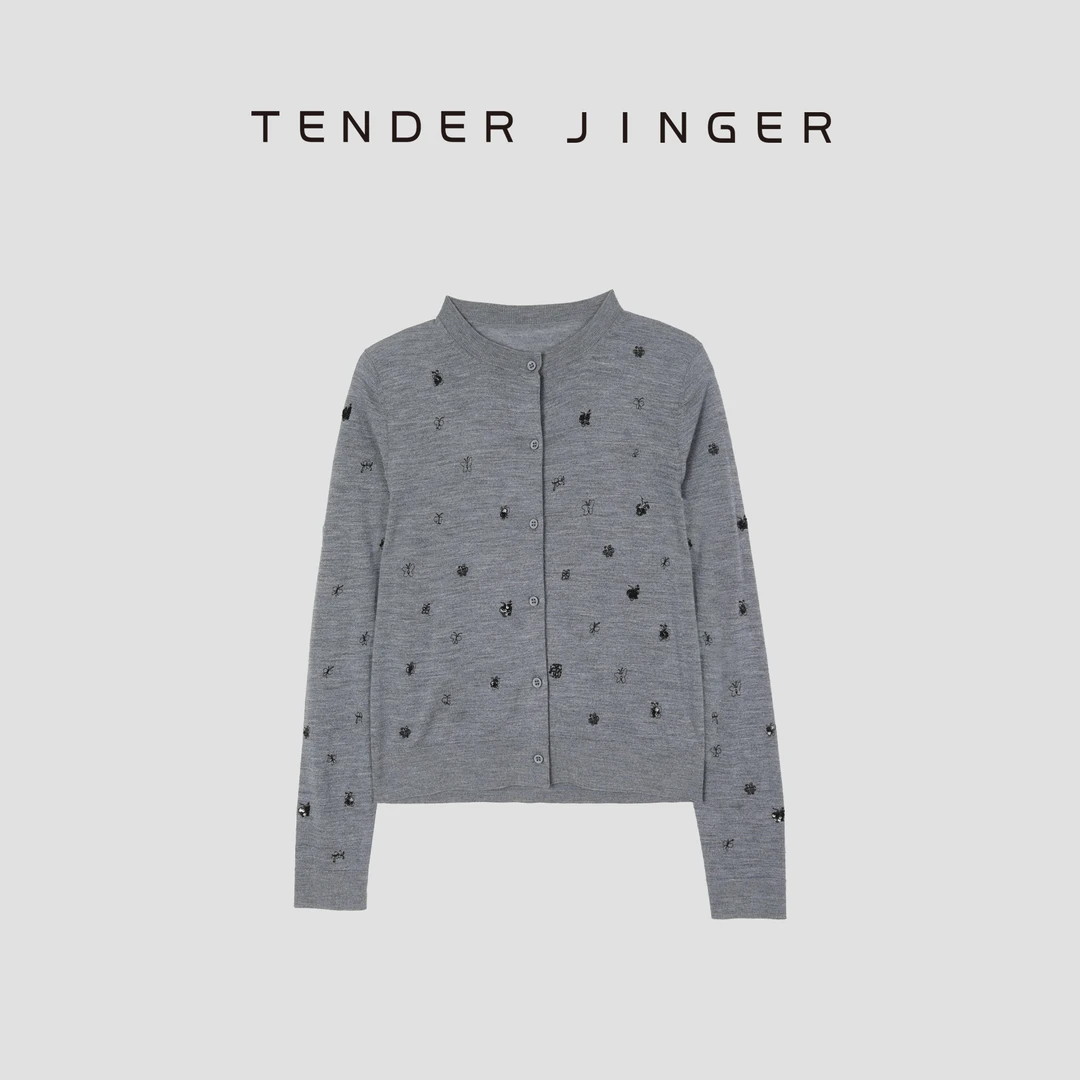 Tender Jinger【专柜】扬子精纺羊毛圆领刺绣长袖针织衫T51QYY80463