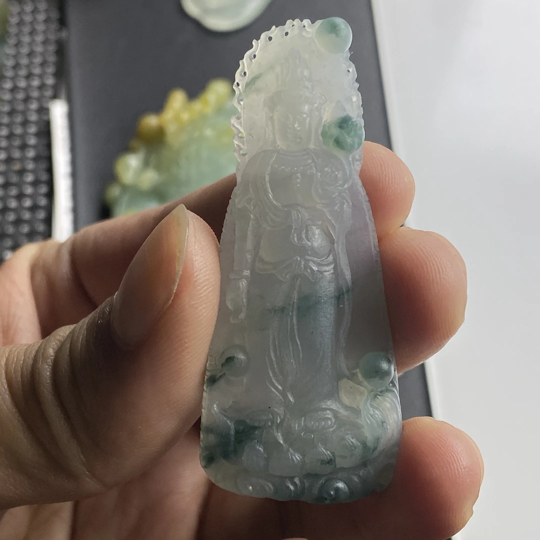 天然翡翠毛货起冰胶飘花特色站观音平平安安