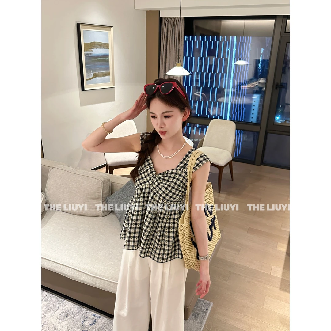 【LIUYI】无尽夏~夏季甜美格子娃娃衫无袖上衣54099