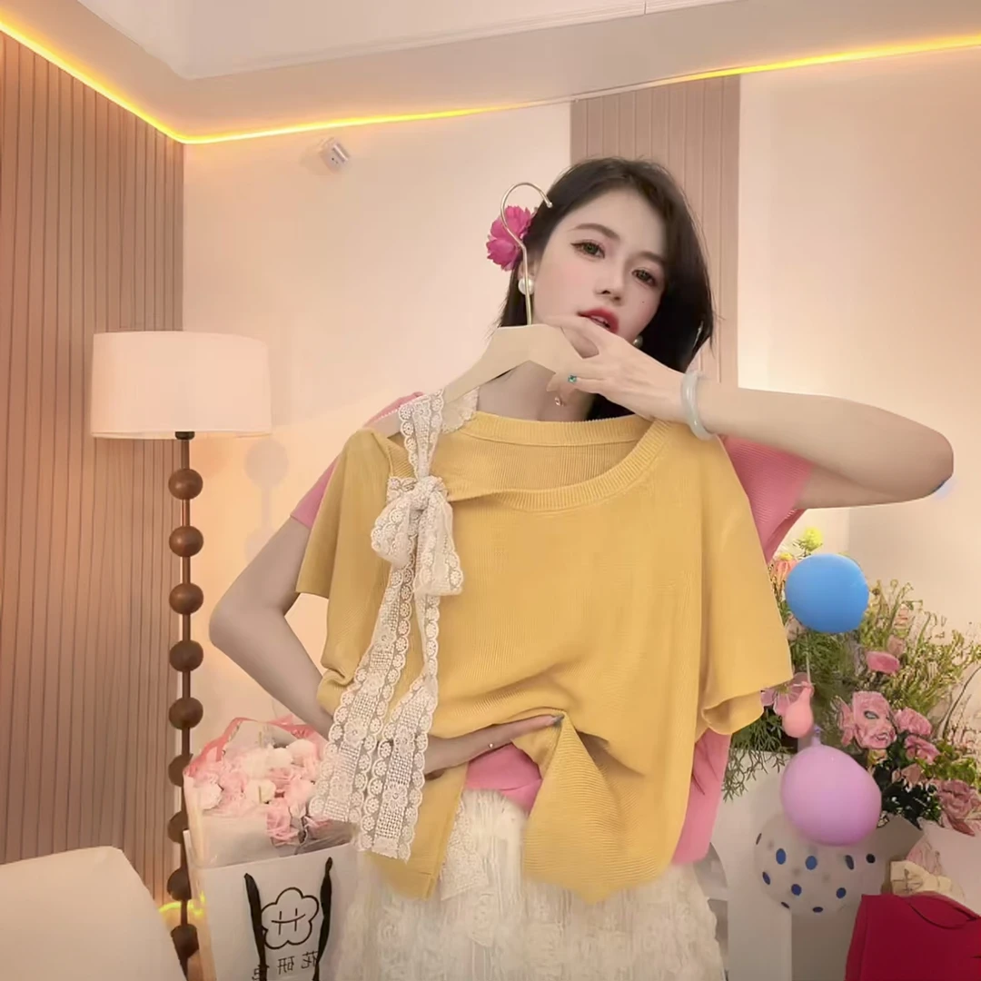 氛围感拼接蕾丝短袖新款2025显瘦气质夏季甜美时尚百搭圆领针织衫