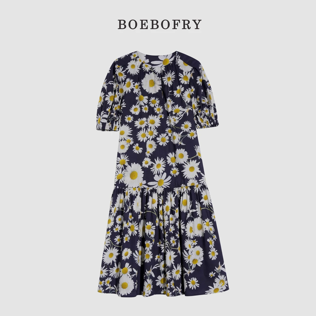 TOLEDBAICH星蓝雏菊夏季气质印花连衣裙复古长款收腰显瘦BE2L0914