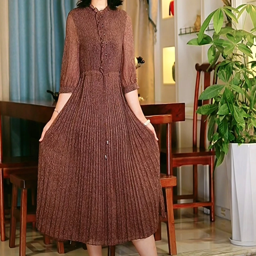 C33青花瓷咖ZJ宽松连衣裙女装连衣裙显瘦碎花长款