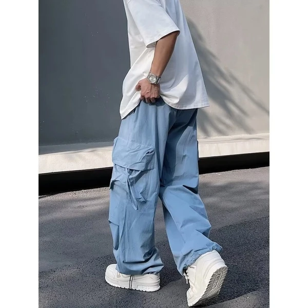 潮社休闲美式复古直筒伞兵工装裤潮牌男女宽松蓝色阔腿灯笼裤青春