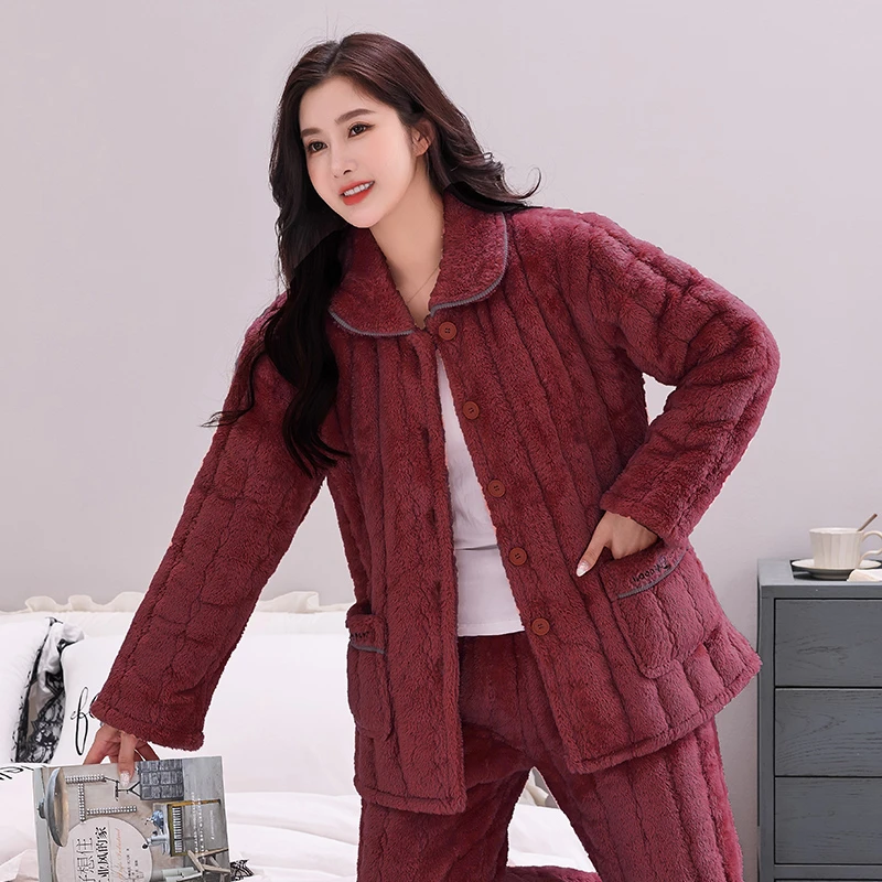 612女士秋冬季三层加厚加绒家居服套装