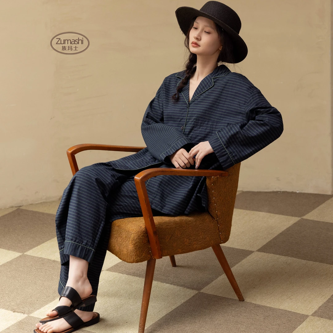 族玛士睡衣女士春秋季全棉纯棉长袖长裤大码条纹可外穿家居服套装