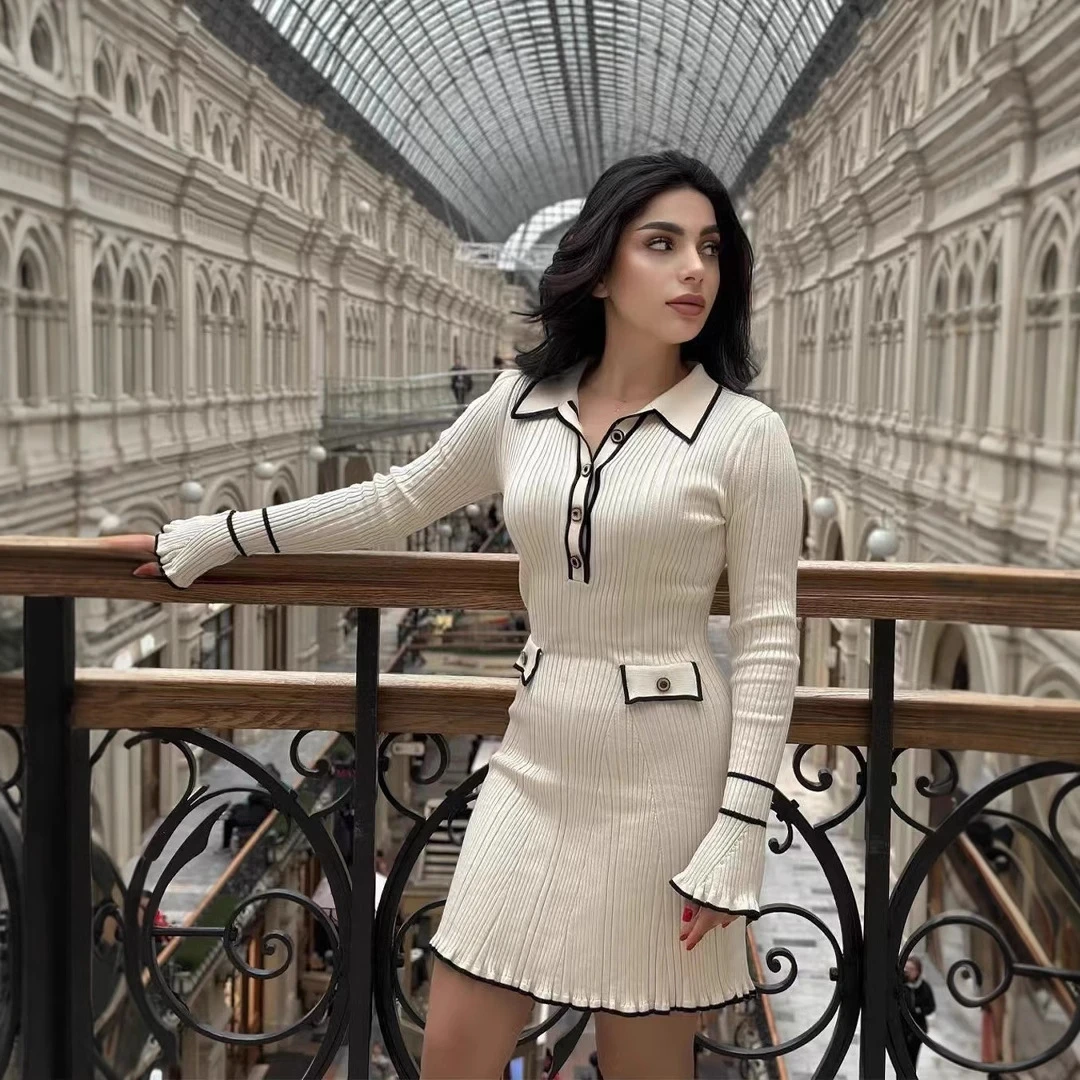 法式轻奢气质polo领长袖针织短裙修身显瘦荷叶边连衣裙