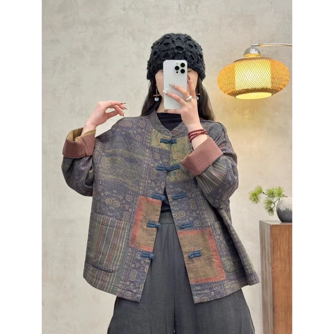 8689新款春秋季复古宽松百搭时尚短款文艺上衣女印花休闲长袖外套