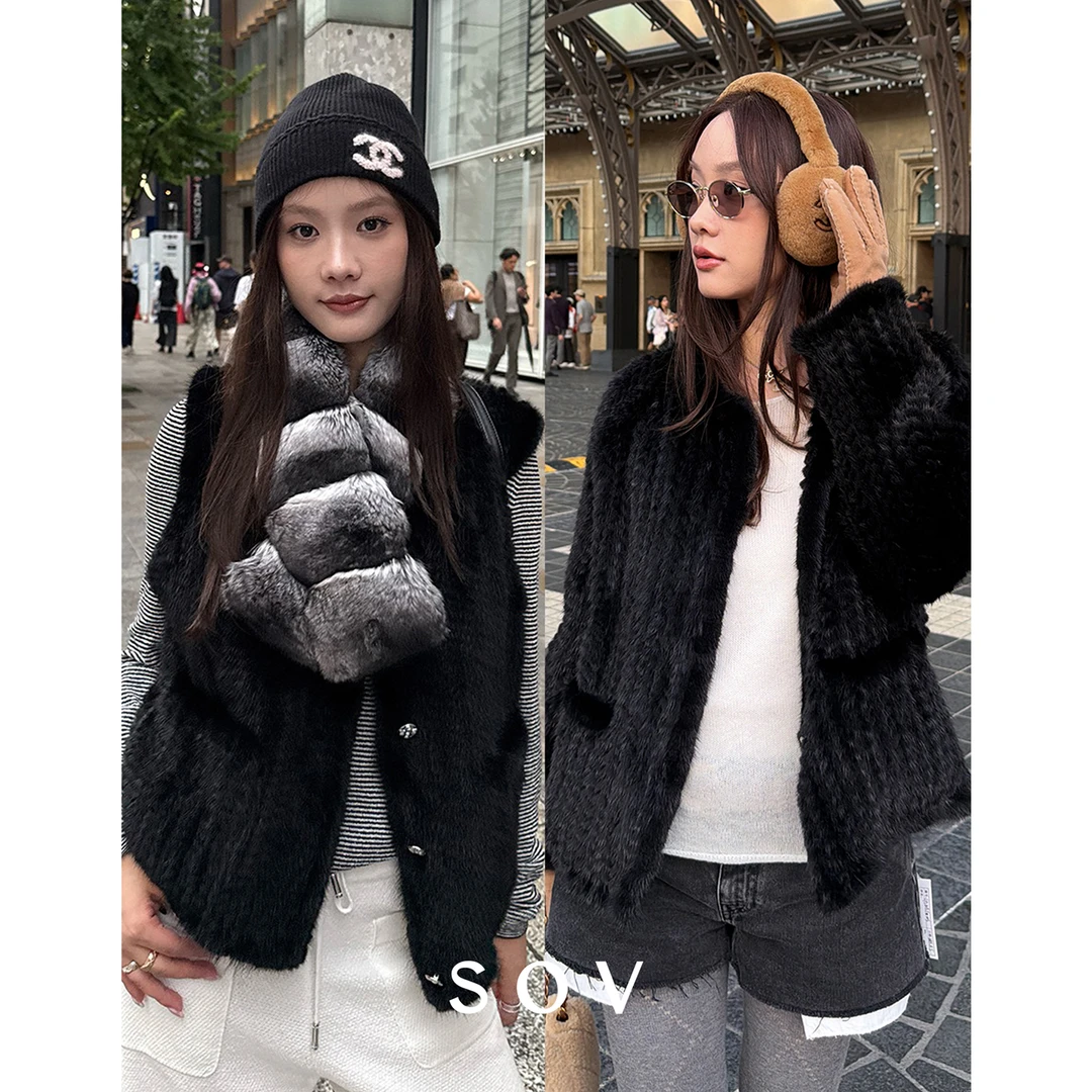 SOV "鱼子酱" 丹麦进口紫金水貂 手工双面编织 水貂皮草马甲/外套