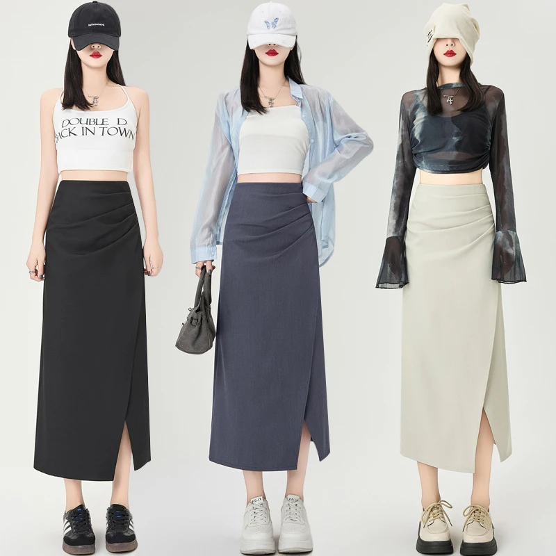 黑色不规则西装显瘦半身裙女春夏a字裙褶皱包臀裙子中长款直筒裙