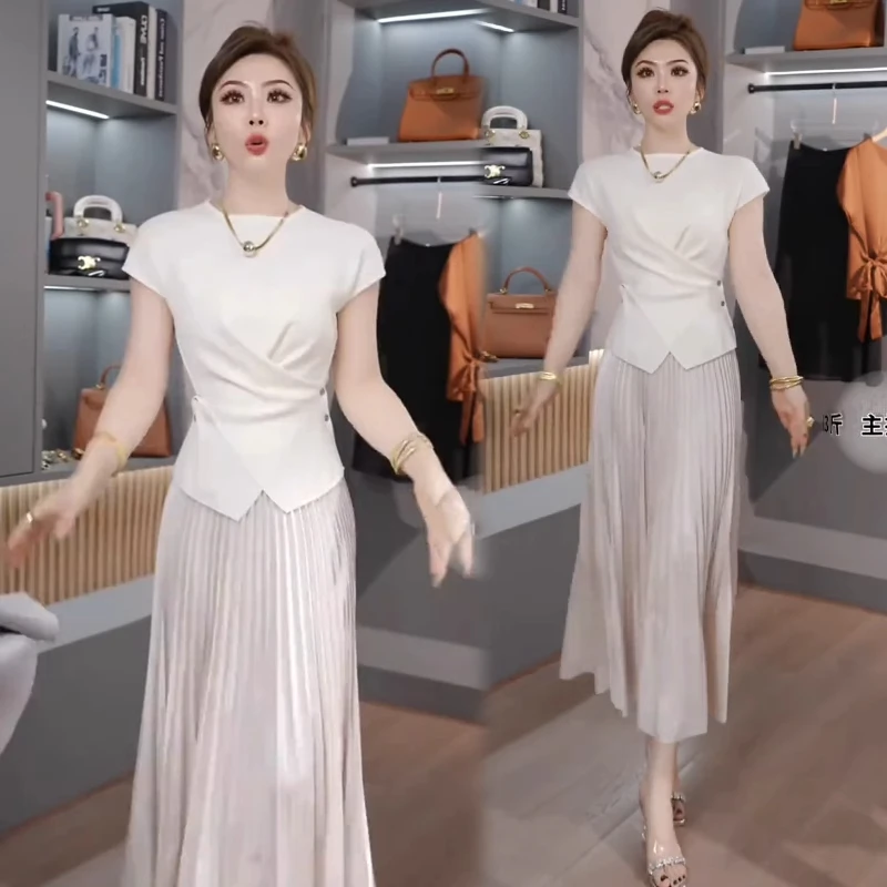 时尚套装裙女2025夏季新款洋气设计感冰丝针织上衣网纱裙两件套裙