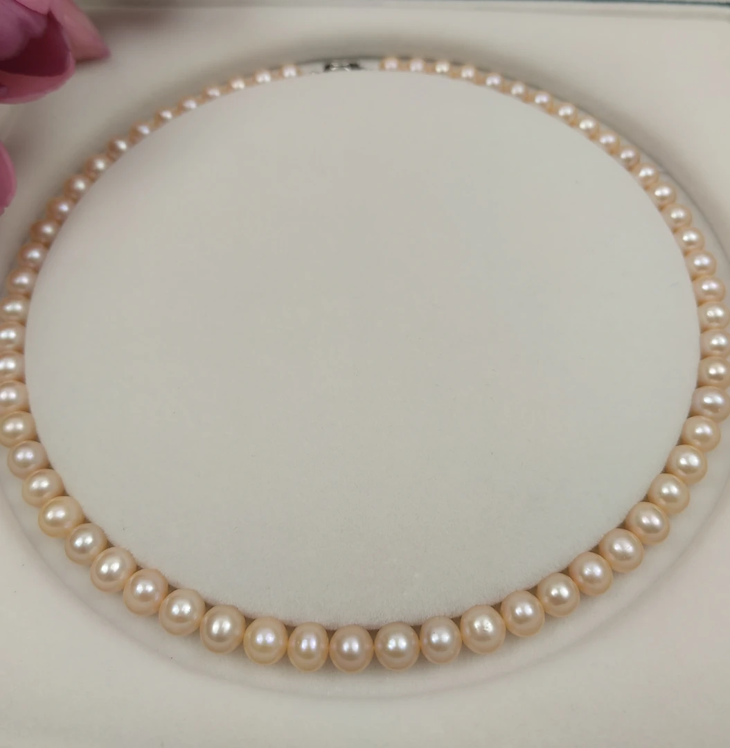 9 银配天然淡水珍珠项链高光高亮中国红7-8mm近正圆送妈妈礼物