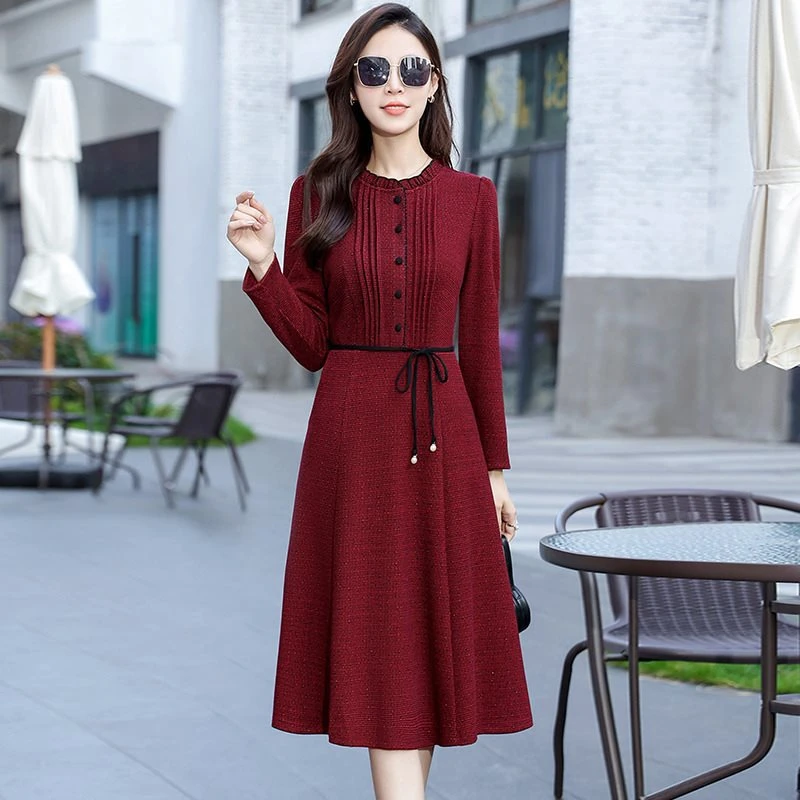 哥弟阿玛施正品喜婆婆婚宴红色木耳领连衣裙女2024春秋季妈妈装小