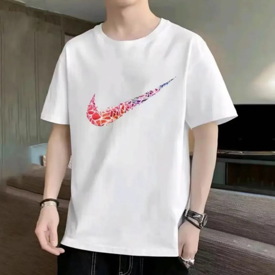 重磅新疆长绒棉夏季短袖男女休闲透气圆领印花纯棉T恤 红勾