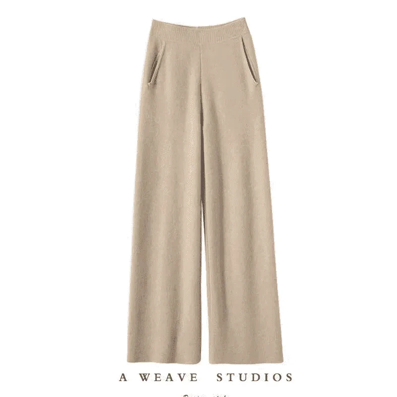 （平面带兜）秋冬新款羊绒裤高腰针织加厚宽松休闲长裤窄版直筒裤子