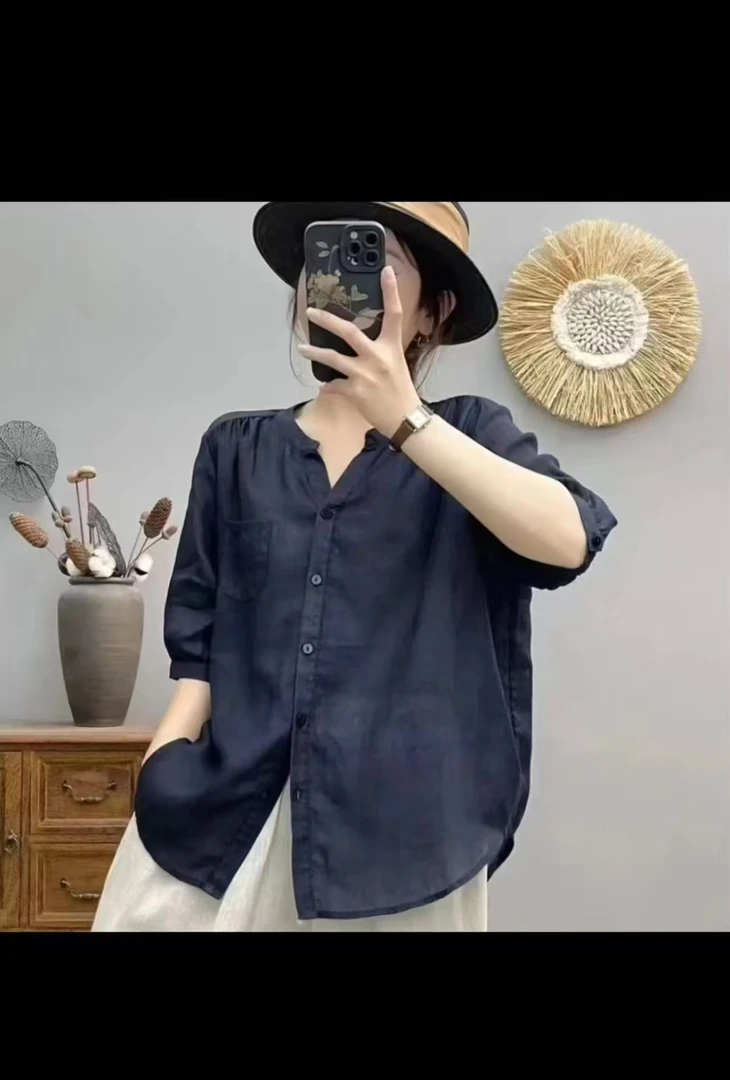 沐嘻夏季薄款纯色苎麻衬衫V领 极简风时尚简约显瘦衬衣8836