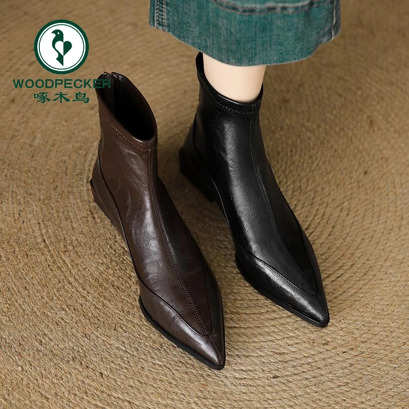 法式尖头弹力瘦瘦靴低跟2025秋冬新款粗跟短靴女复古棕色切尔西靴