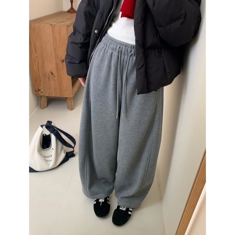 大码冬季款慵懒风加绒直筒阔腿休闲裤女梨形身材宽松显瘦百搭长裤