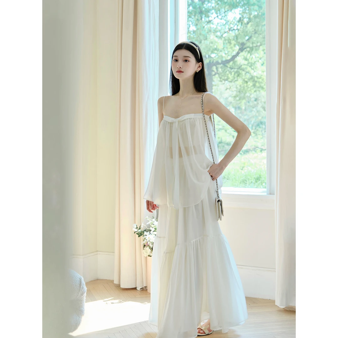 202新款浮游 亲肤弹力不走光绒感雪纺仙女吊带/半身裙设计感套装