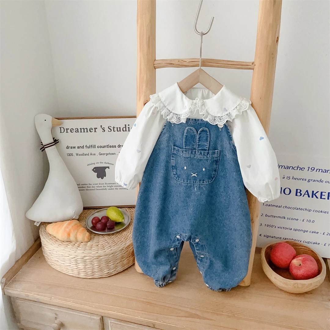 YJ爱心衬衫兔子牛仔背带裤两件套套装