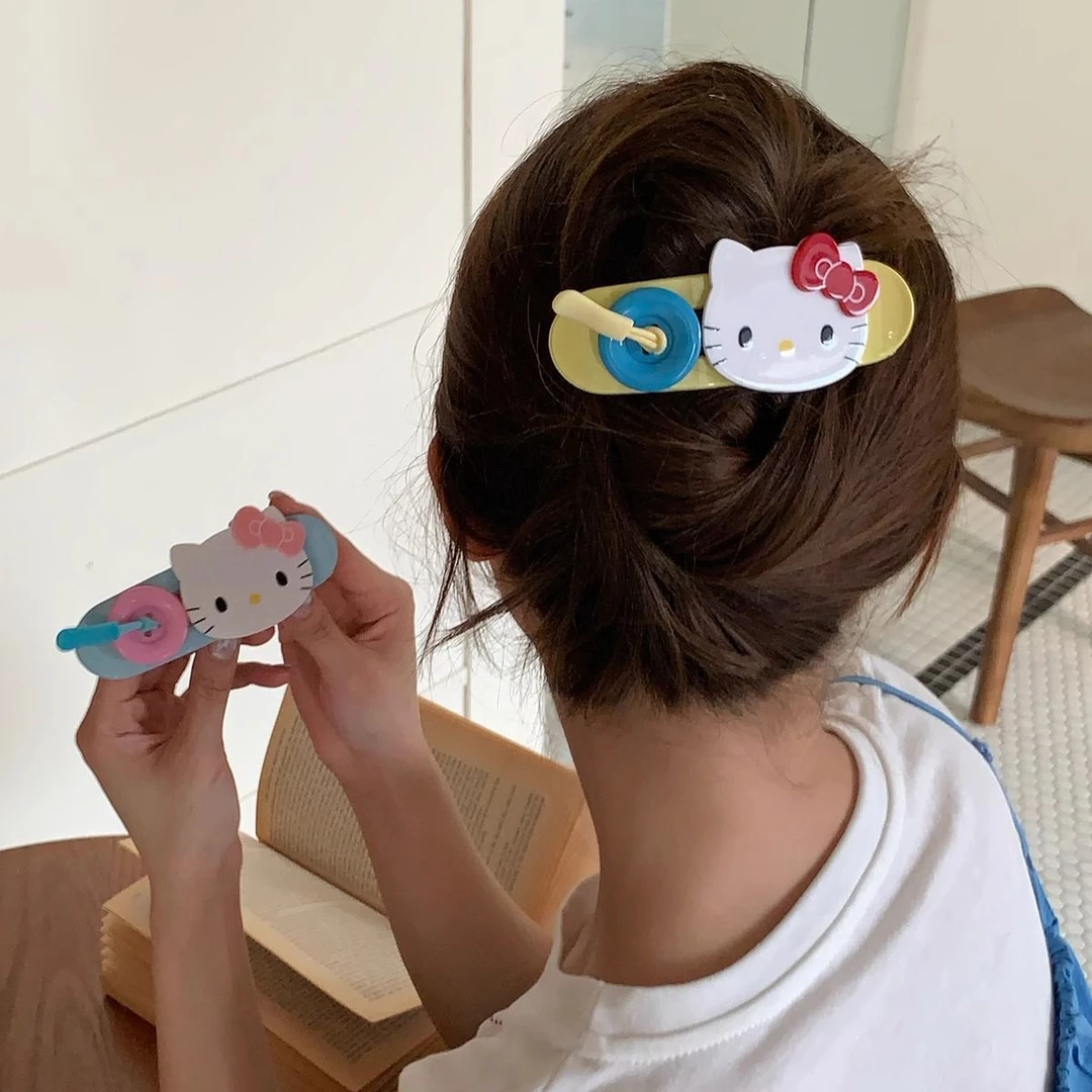 撞色KT猫咪纽扣发夹大号鸭嘴夹半扎盘发甜美夹子发抓发饰品