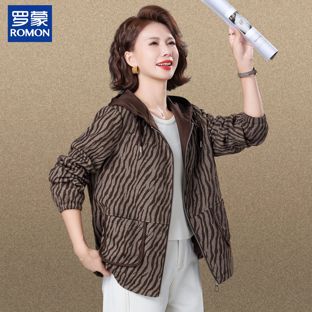罗蒙时尚气质新款妈妈装中年女秋款连帽外套中老年女条纹秋季外套