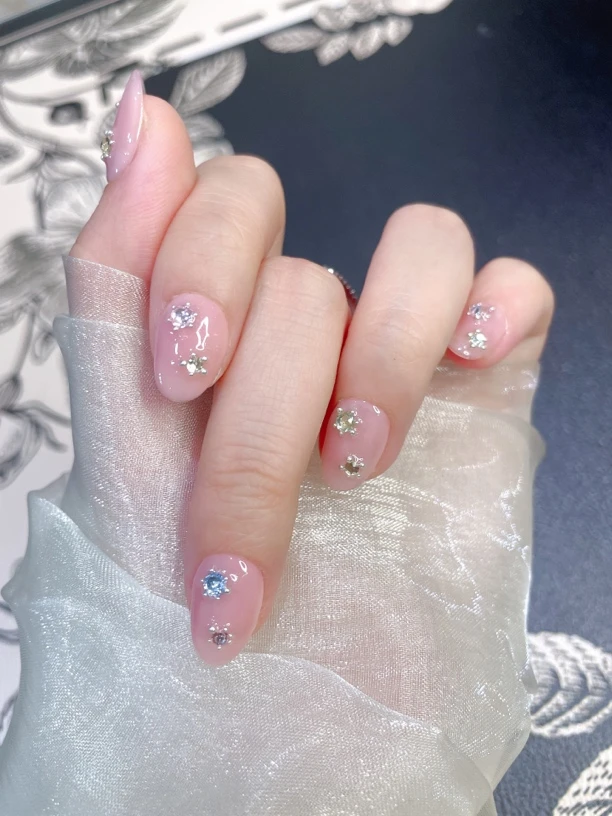 【银河】纯手工高级甜粉炫钻短款穿戴甲随意搭配