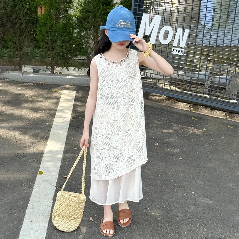 童装女童夏季简约时尚蕾丝拼接连衣裙6-12岁15中大童小女孩连衣裙