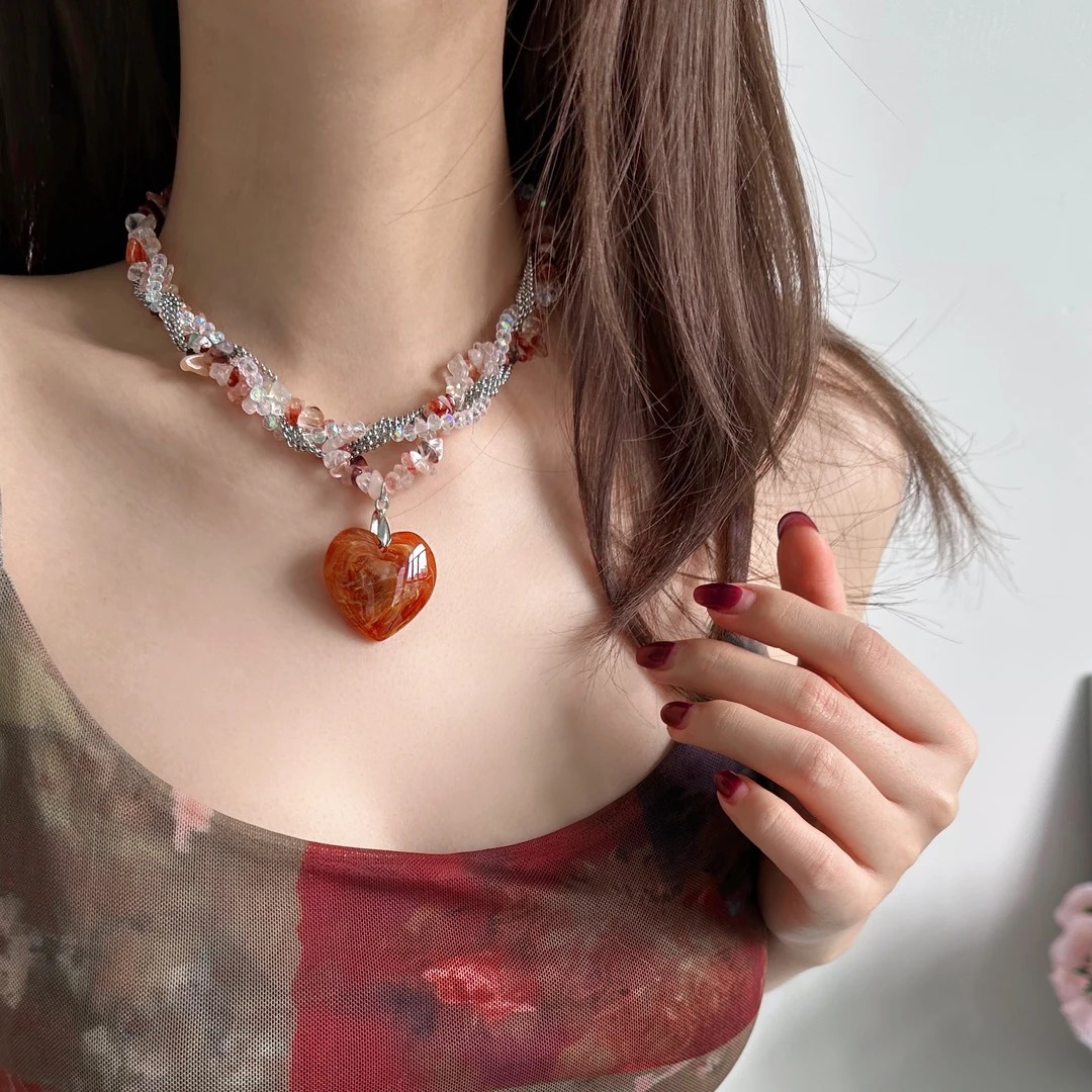 合金亚克力项链 X5802-1甜酷个性时尚潮流气质高级感彩色桃心项链