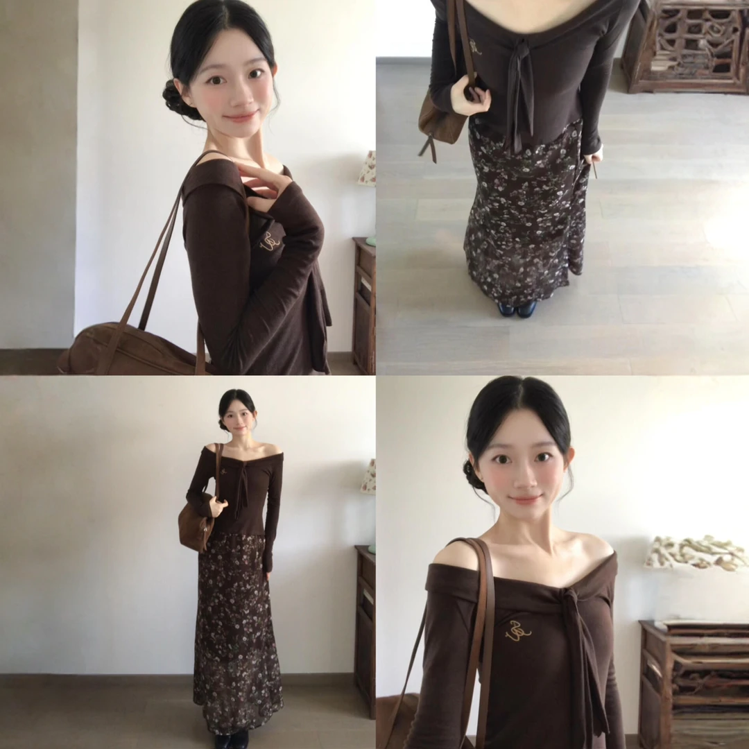 法式一字肩连衣裙子女秋季套装女款爆款2025新款韩系穿搭碎花长裙