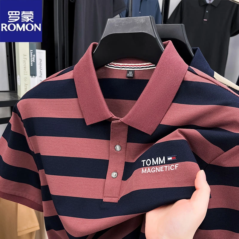 罗蒙条纹polo衫短袖t恤男士2025新款夏季中年爸爸装翻领宽松休闲