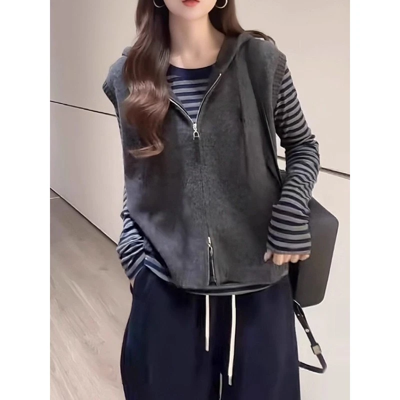 大码韩系灰色连帽针织衫马甲女2025秋季新款胖mm叠穿无袖毛衣上衣