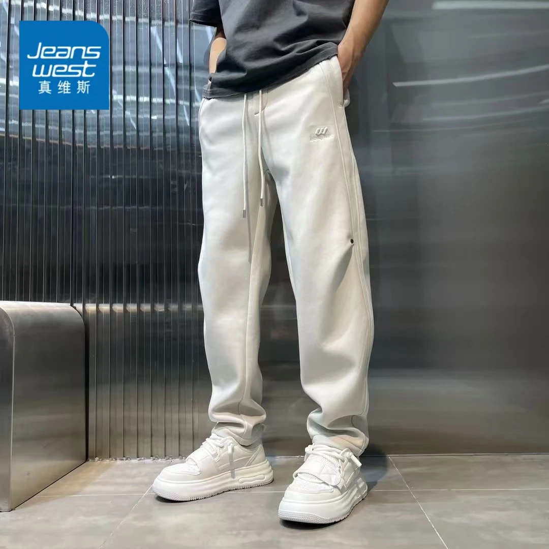 真维斯春冬季新款男士加绒直筒裤纯色百搭美式宽松直筒高街休闲裤