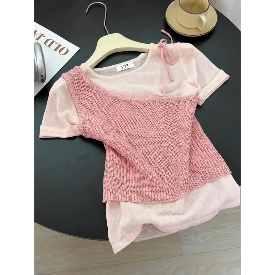 韩系温柔风气质针织衫T恤斜肩吊带背心两件套女夏季新款显瘦上衣