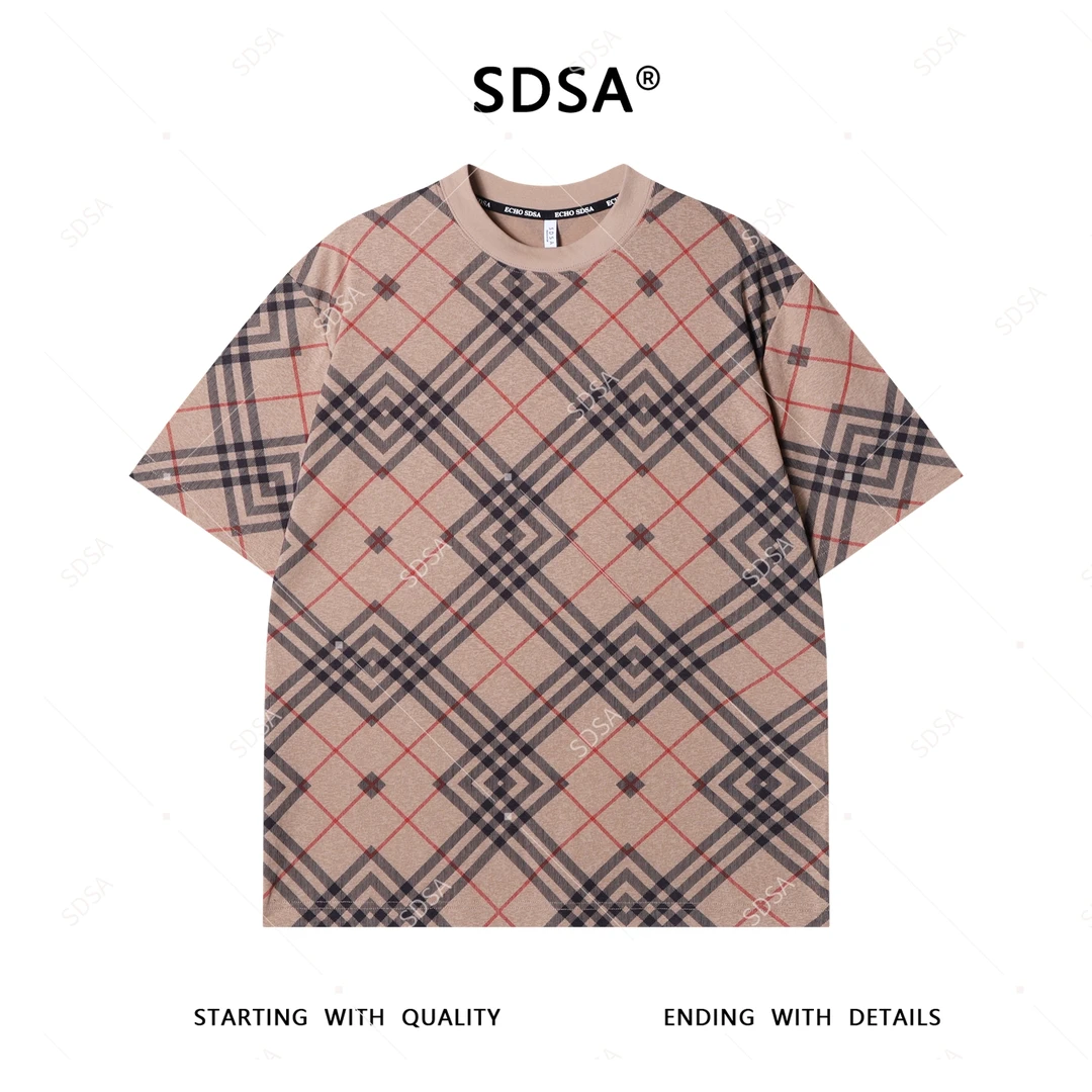 夏季高级感新款男士美式撞色格纹设计短袖T恤复古时尚圆领上衣潮