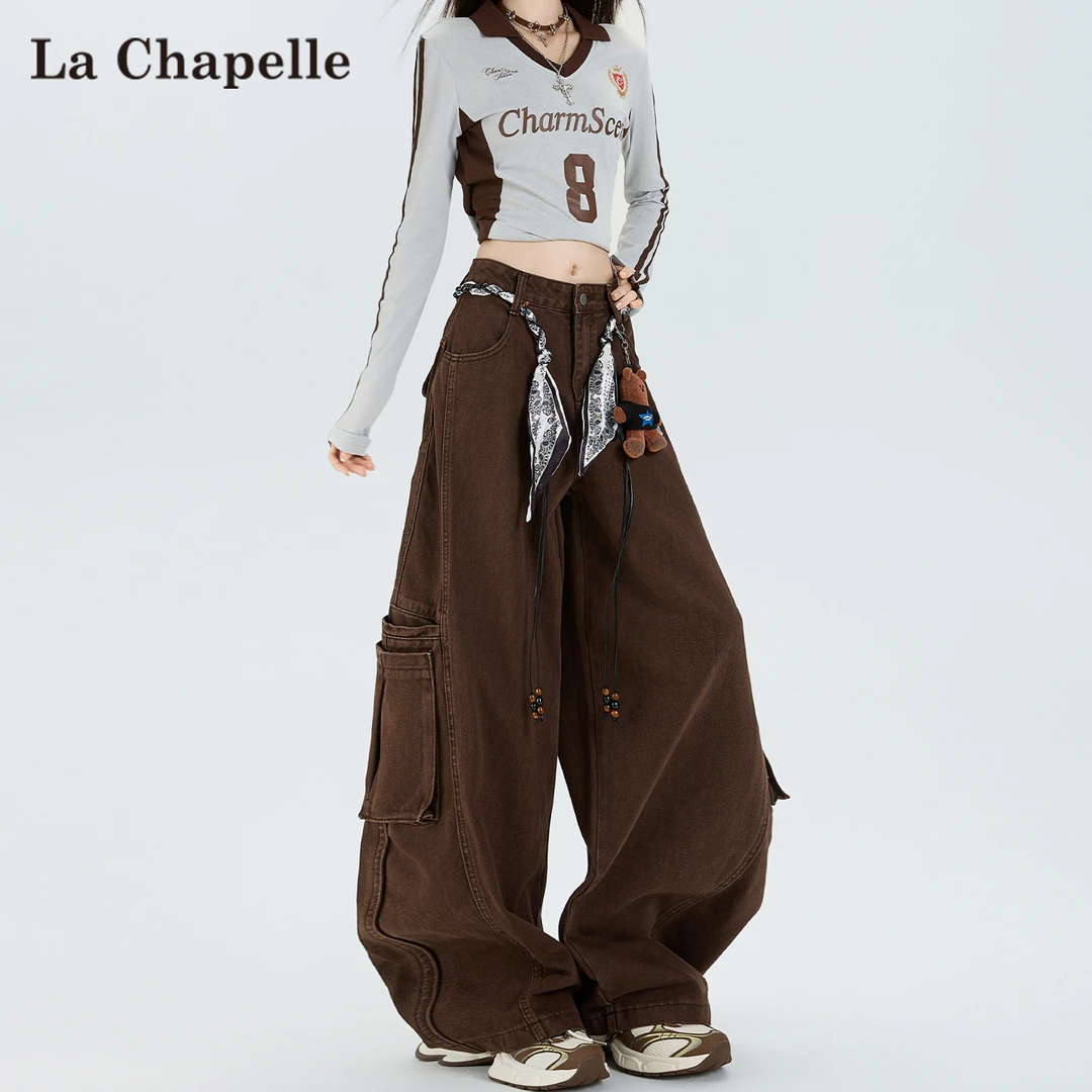 拉夏贝尔美式复古工装牛仔裤秋冬新款高腰遮胯松弛感阔腿拖地裤子
